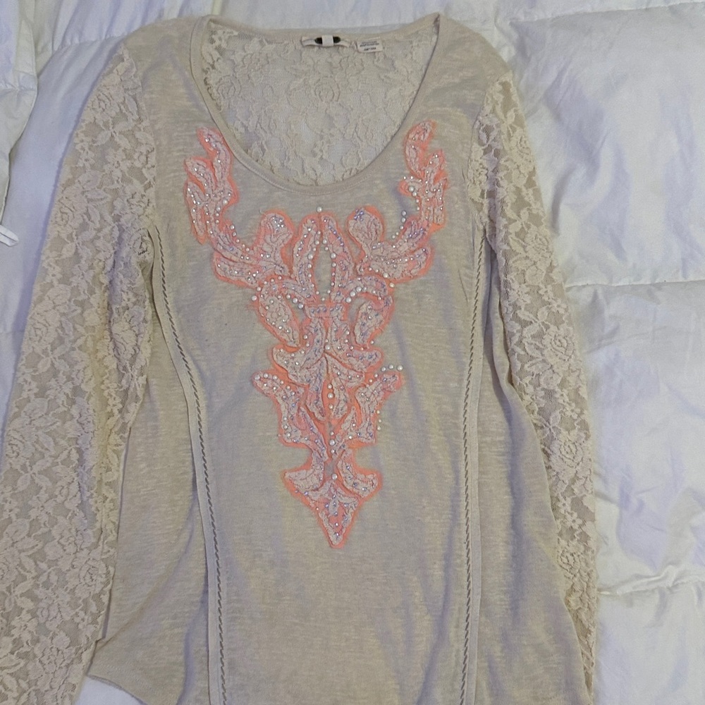 Women's Medium Miss Me Long Sleeve Cream & Pink Lacy & Beaded & Bling XL top